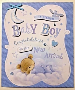 Congratulations baby boy blue card with cute teddy sleeping - Picture 1 of 4