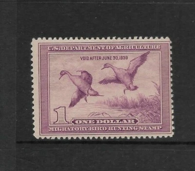 US Scott #RW5 mint hinged $1 light violet 1938 Pintail Drake Duck Stamp thin spo - Image 1 of 2