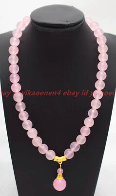 Beautiful Natural 8/10mm Pink Rose Quartz Gemstone Round Beads Pendant Necklace - Image 1 of 4