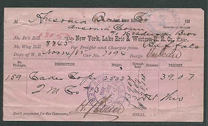BANCONOTA MERCI DATATA 1885 DA NY LAKE ERIE&WESTERN RR HA TIMBRO PD CON FORO MANDRINO - Foto 1 di 1