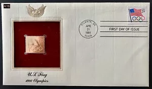 US 1992 US Flag Olympics 1st First Day Gold Replica Stamp & 1991 FDC Stamp - Picture 1 of 1