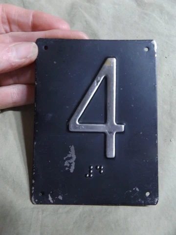 Vintage House Hotel Room Black Painted Metal Embossed Number 4 with Braille 3x4" Cover