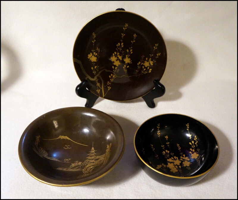 Set of Three Vintage Japanese Lacquerware -2 Bowls, 1 Plate