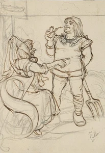 E. ILLE (1823-1900), Genreszene mit Bauern und Dame, Tusche Nazarener Märchen - Picture 1 of 5