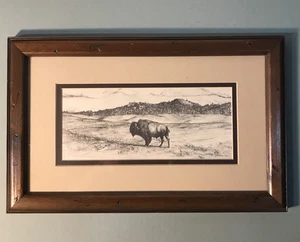 Buffalo Sketch Print Framed Connie Savage Thiewes 13 1/2x 8 5/8” 1986 - Picture 1 of 11