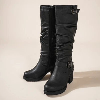 Women Slouchy Knee High Boots Chunky Block Heel Side Zipper Riding Boots - Image 1 of 2