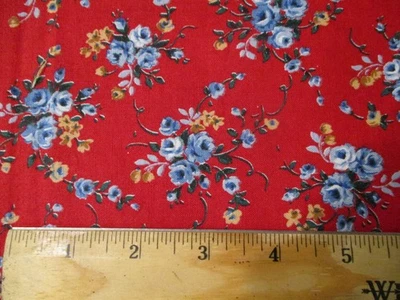 VTG ROSES CRANSTON SHWARTZ COTTON FABRIC FLORAL RED BLUE  25" x 55"  - Image 1 of 4