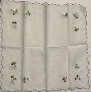 Vintage White Hankie Hanky Handkerchief Blue Embroidered Flowers - Picture 1 of 2