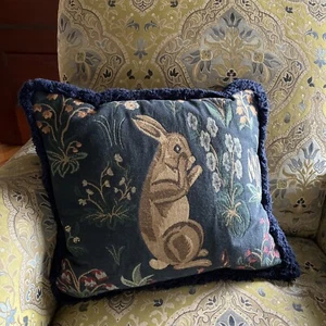 Medieval Velveteen Rabbit Easter Bunny Pillow Floral Navy Beige Square - Picture 1 of 6