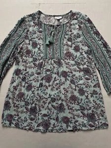 J Jill Top Damen M Seafoam Grün Rosa Blumen Tunika Crinkle Quaste Bauer - Bild 1 von 8