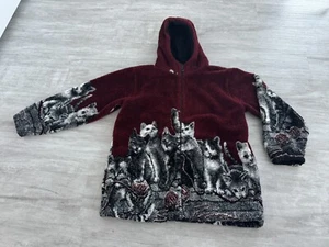 Kids Mazmania Fleece Hooded Jacket Maroon Kittens Cats Size L-10 EUC - Picture 1 of 14