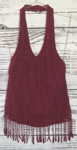 Rue 21 Halter Top Women S Burgundy Crochet Elastic Back Fringe - Picture 1 of 13