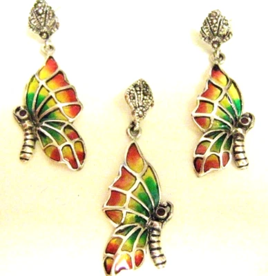 Sterling Silver Art Nouveau Plique a Jour Butterfly Pendant and earrings Set - Image 1 of 4