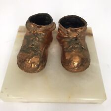 Vintage Copper Baby Toddler Shoes on Marble Base Plaque Bookends Nursery Decor
