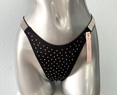 Victoria's Secret Black Shine Strap Embellished Sexy Thong Swim Bikini Bottom - Image 1 of 3