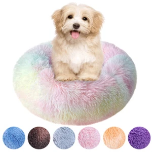 Fluffy Donut Pet Dog Cat Bed Plush Soft Warm Calming Sleeping Bed Round Cuddler - Picture 1 of 42