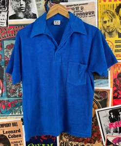 Vintage 80s Blue Terry Cloth Collared V-Neck Polo Shirt Mens Medium Disco - Picture 1 of 11