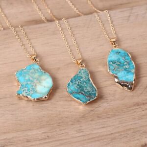 Natural Raw Turquoise Stone Blue Gemstone Pendant Necklace Silver / Gold Chain