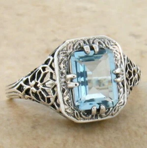 NATURAL BLUE TOPAZ ART DECO STYLE CLASSIC DESIGN 925 STERLING SILVER RING #675 - Picture 1 of 3