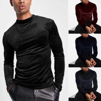Sexy Men's Long Sleeve T-shirt Velvet Turtleneck Warm Top Breathable Undershirts - Image 1 of 4