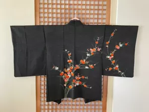 Vtg Japanese Kimono Haori Jacket Handpainted Small Chrysanthem Pattern Silk 30" - Picture 1 of 13