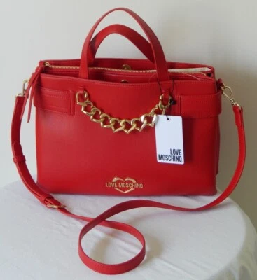 NWT LOVE MOSCHINO BORSA RED Heart Chain Three Compartment Satchel Shoulder Bag - Image 1 of 4