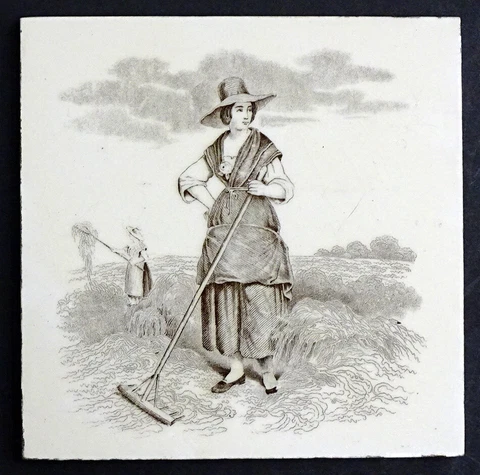 1800's Antique MINTON Transferware RUSTIC Rural Farm ART POTTERY TILE Cover