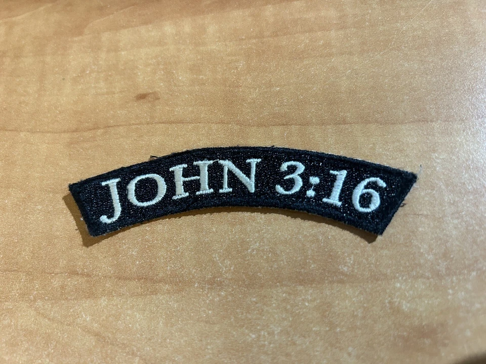 JOHN 3:16 ROCKER PATCH CHRISTIAN RELIGIOUS embroidered iron-on BIBLE VERSE JESUS - Image 1 of 2