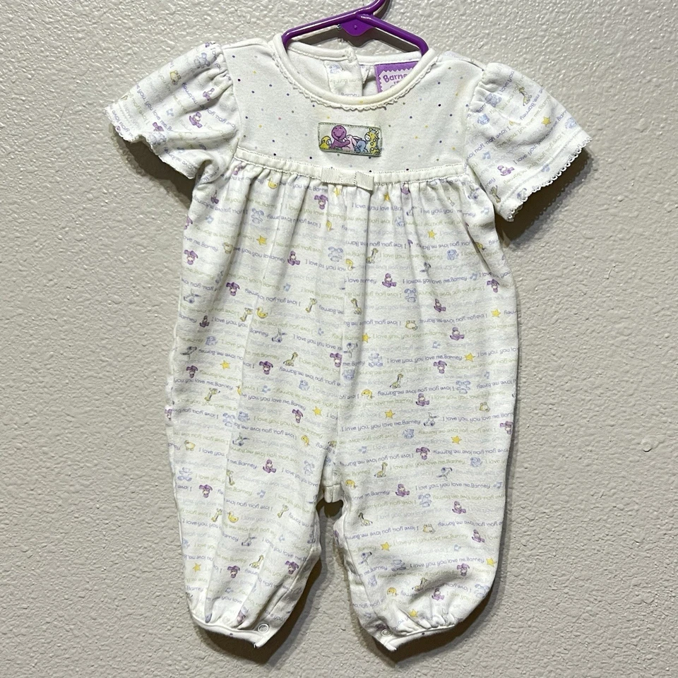 Mameluco de una pieza Barney Baby 2000 vintage AOP I Love You Love Me 3/6M Foto 1 de 4