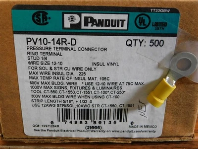 500 Panduit PV10-14R-D Yellow Ring Tongue Terminals 12-10AWG 1/4Stud Size - Image 1 of 2