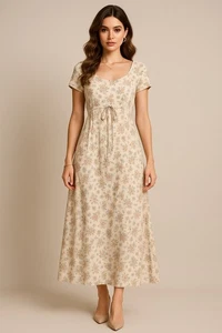 Vestido Vintage All That Jazz Para Mujer S Beige Floral Cottagecore Boho Campesino Midi - Imagen 1 de 14