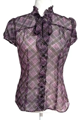Blusa Fairy Grunge Whimsigoth púrpura a cuadros transparente manga corta con cuello lazado Foto 1 de 4