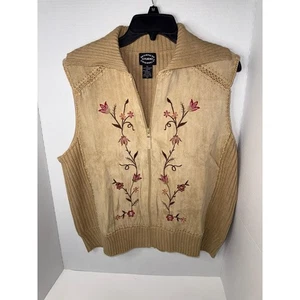 Designers Studio Originals Vest Womens XL Embroidered Floral Knit Sleeveless Tan - Picture 1 of 3