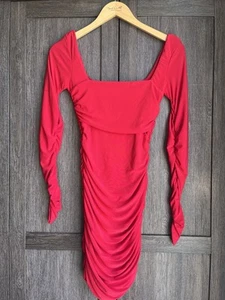Club L London Beautiful Red Long Sleeve Ruche & Gather Bodycon Dress Sz 6 - Picture 1 of 6