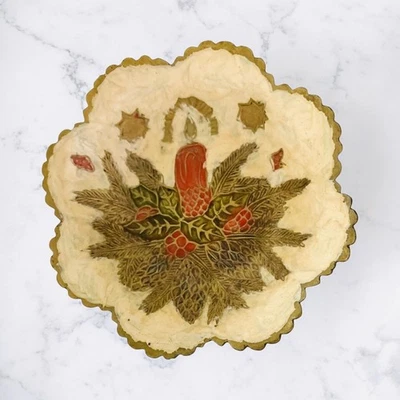 VINTAGE  India Cloisonné Brass Christmas Candle Enamel Trinket Bowl with Legs  - Image 1 of 4