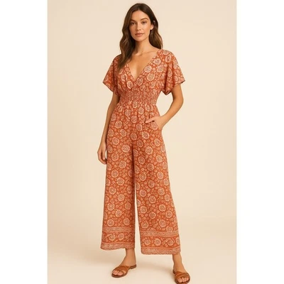 Mono Cleobella Rust Floral Algodón Calado Pierna Ancha Talla XS Boho Cottagecore Foto 1 de 4