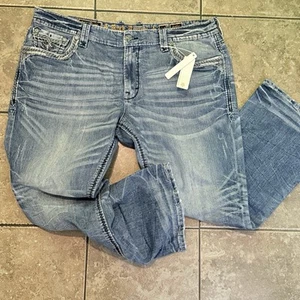 Rock Revival Denim Jeans Men’s 44 Antler Boot Cut Distressed Embellishment  - Picture 1 of 16