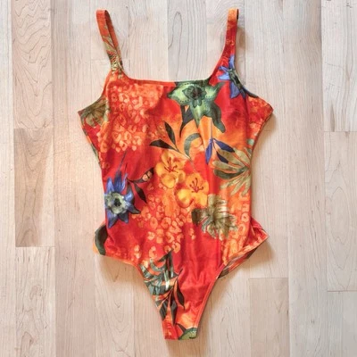 Винтажный цельный купальник 80-х с тропическим принтом - M/L встроенный бюстгальтер - Изображение 1 из 4