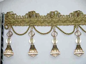 4" Exquisite Tassel Fringe Bead Trim Olive Gold Per Yard - Picture 1 of 2
