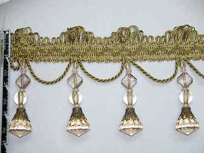 Exquisita borla de 4" con borde de cuentas oro oliva por yarda Foto 1 de 2