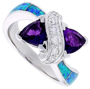 Fine Silver Rhodium Plated Opal Inlay Ring Double Heart Violet Purple CZ 11mm - Picture 1 of 1
