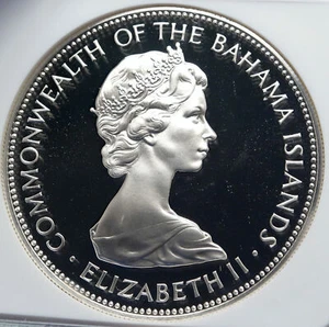 1973 BAHAMAS Elizabeth II PIRATE DEFEAT MOTTO Proof Silver $5 Coin NGC i85983 - Picture 1 of 5