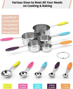 NUEVO 10 piezas Juego de tazas y cucharas medidoras de acero inoxidable - Manijas de silicona suave - Imagen 1 de 3