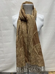 Vintage FRANGI Floral Pashmina Tasseled Scarf Beige Indian Fine Wool - Picture 1 of 9