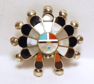 PAULINE LONJASE Ster. 925 ZUNI Turquoise/Coral/Onyx/MOP Sun Face 2" PIN/Pendant - Picture 1 of 3