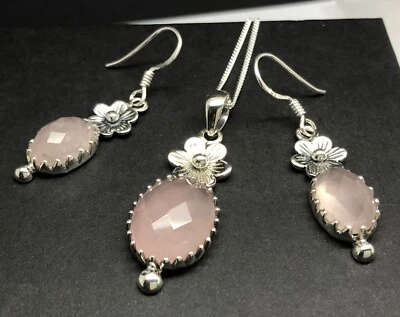 Faceted rose quartz pendant earrings set solid Sterling Silver oval, gift box . - Imagem 1 de 4