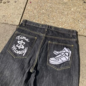 90’s Time Is Money Rappers Print Denim Baggy Jeans Vintage Size 32 - Picture 1 of 11