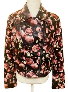 Faux Leather Jacket Black Womens Sz 14 Pink Roses Zippered by Elle - Picture 1 of 12