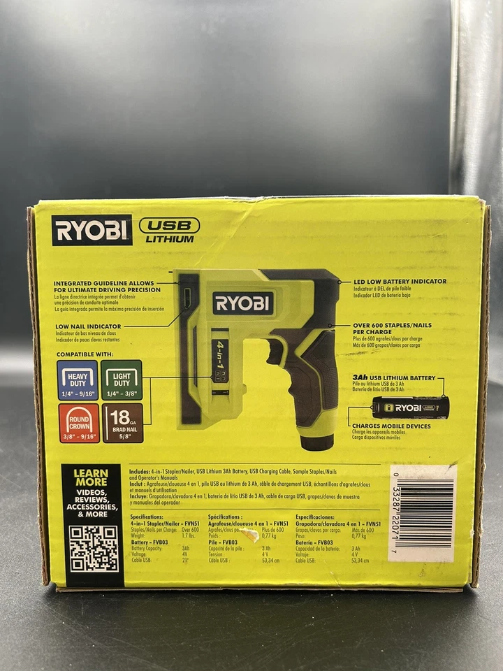 Ryobi USB Lithium Rechargeable 4-in-1 Stapler/Nailer Kit FVN51K 3ah Battery USB