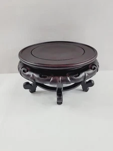 10.75" Round Asian Oriental Brown Plant Jar Vase Statue Wood Stand Display Base - Picture 1 of 12